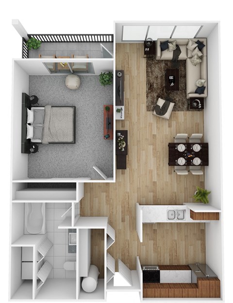 Floor plan for 1 bed, 1 bath, 651 sqft